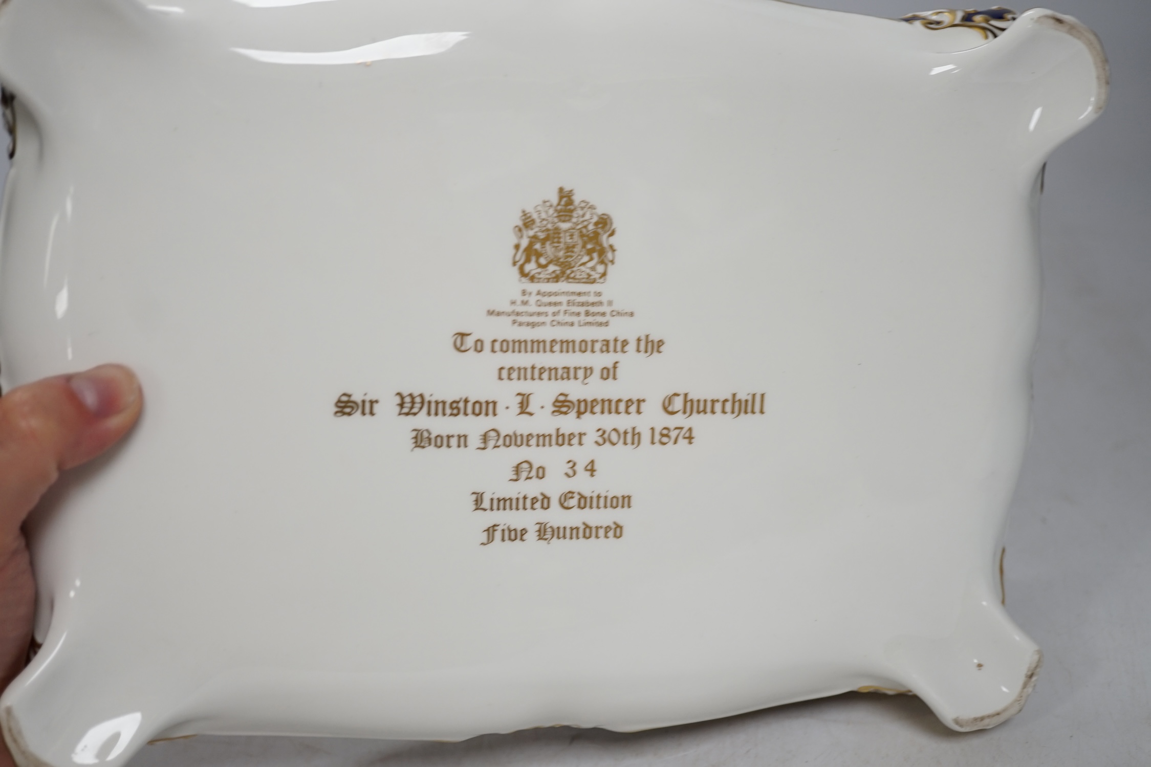 A Paragon China centenary cigar box commemorating Sir Winston Leonard Spencer Churchill's life, 26cm wide. Condition - good